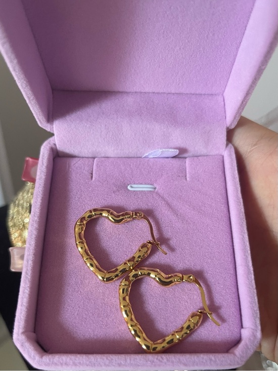 None Jewelry - Gold Heart-Shaped Textured Hoop Earrings for Women